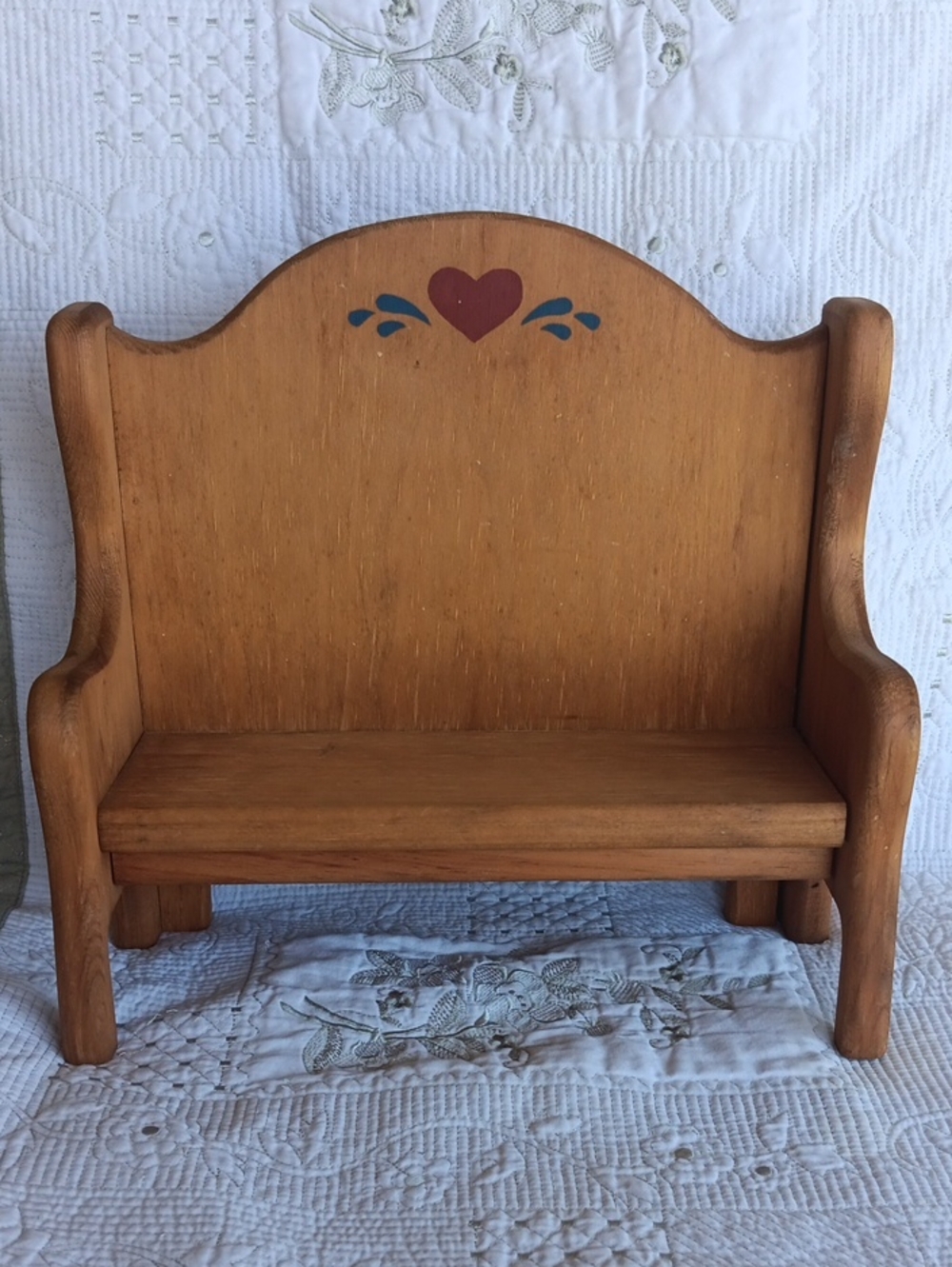 Rustic 90's Wooden Doll Bench With Painted Hearts. 12 1/2"W X 12" H X 5"D